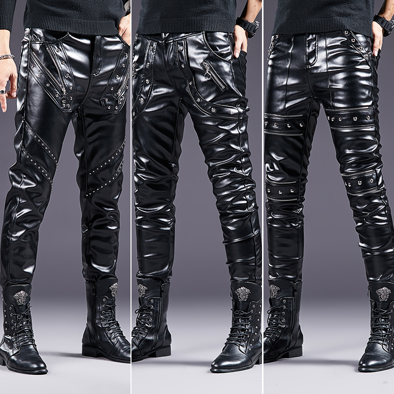 오토바이용 리벳과 지퍼가 달린 한국형 슬림 남성 가죽 바지 보온성과 방풍 기능이 있는 남성 가죽 바지 벨벳 작은 다리 바지 트렌디한 바지