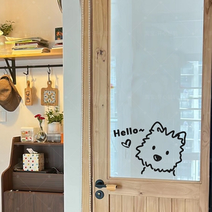 可爱卡通打招呼的西高地小狗hello创意玻璃门镜子装饰贴纸