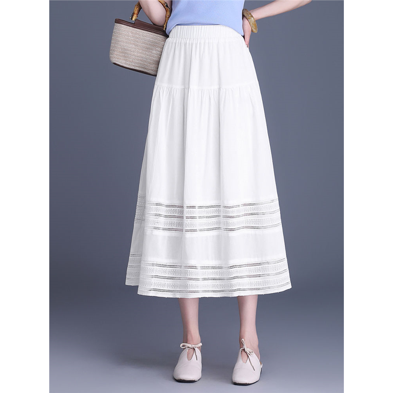 白色法式小个子半身裙女夏季中长A字裙2025新款镂空花边大摆裙子