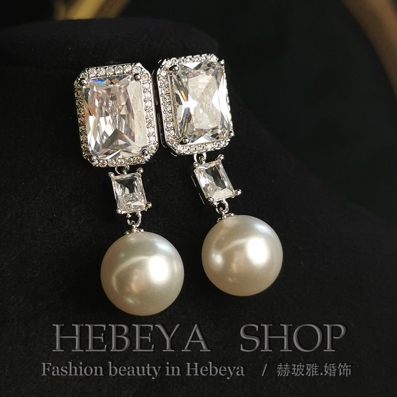 名媛气质高级感~超闪方钻设计款珍珠锆石耳坠~婚纱礼服耳环改耳夹