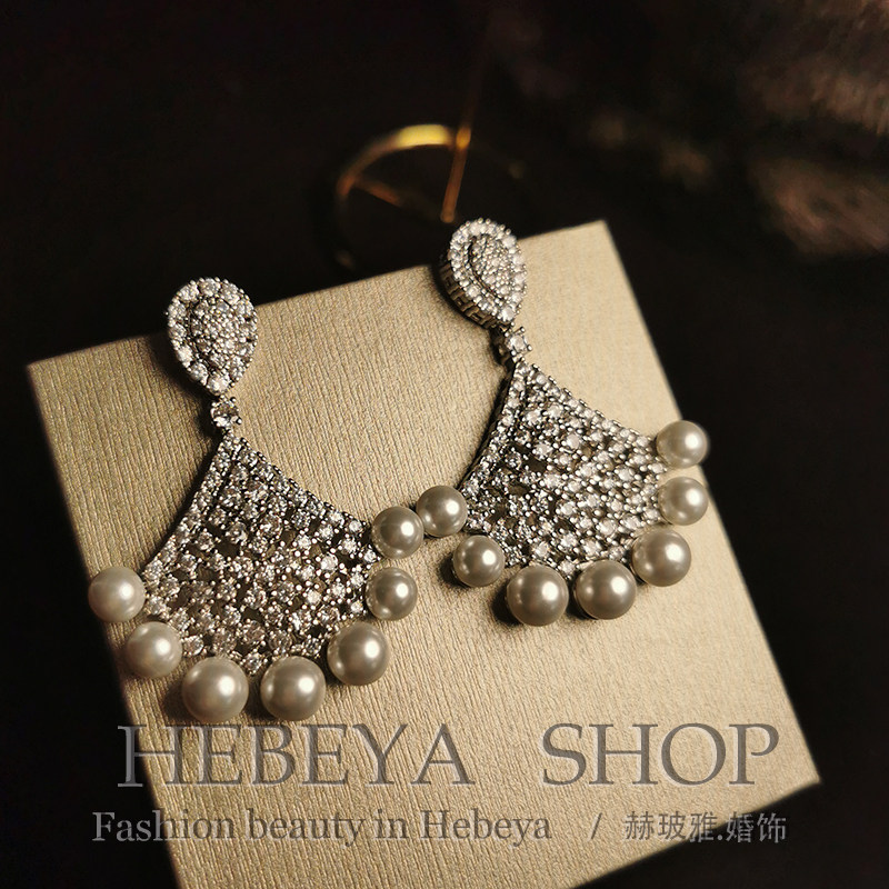 主持人耳饰几何扇形夸张珍珠耳环婚纱礼服旗袍耳坠无耳洞可改耳夹