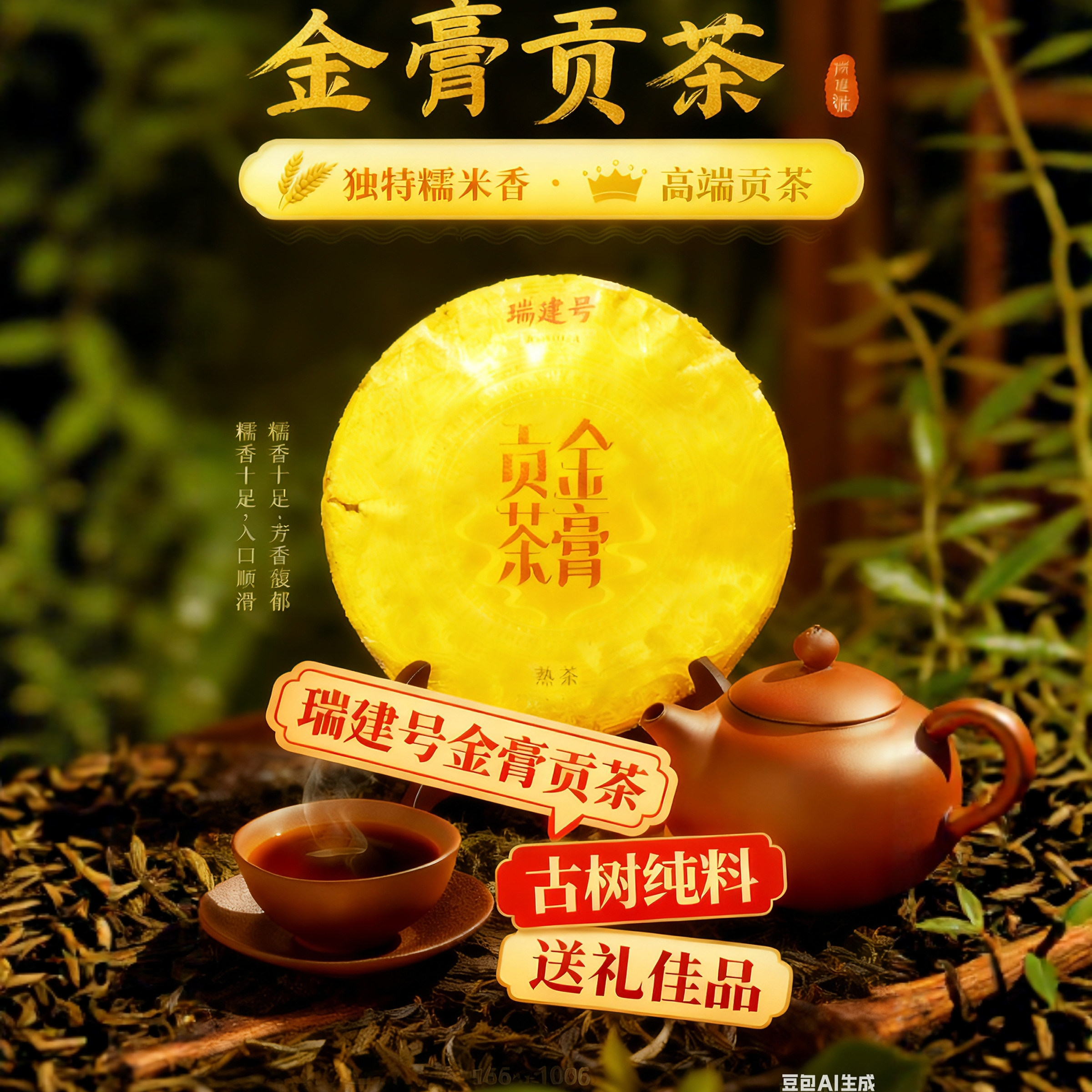 高端茶礼 普洱茶叶新款上市瑞建号金膏贡茶糯米香熟茶饼 大益茶