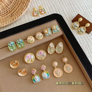 复古法式 银针滴油釉画轻奢小众耳饰 中古莫奈花园珍珠耳环秋冬新款