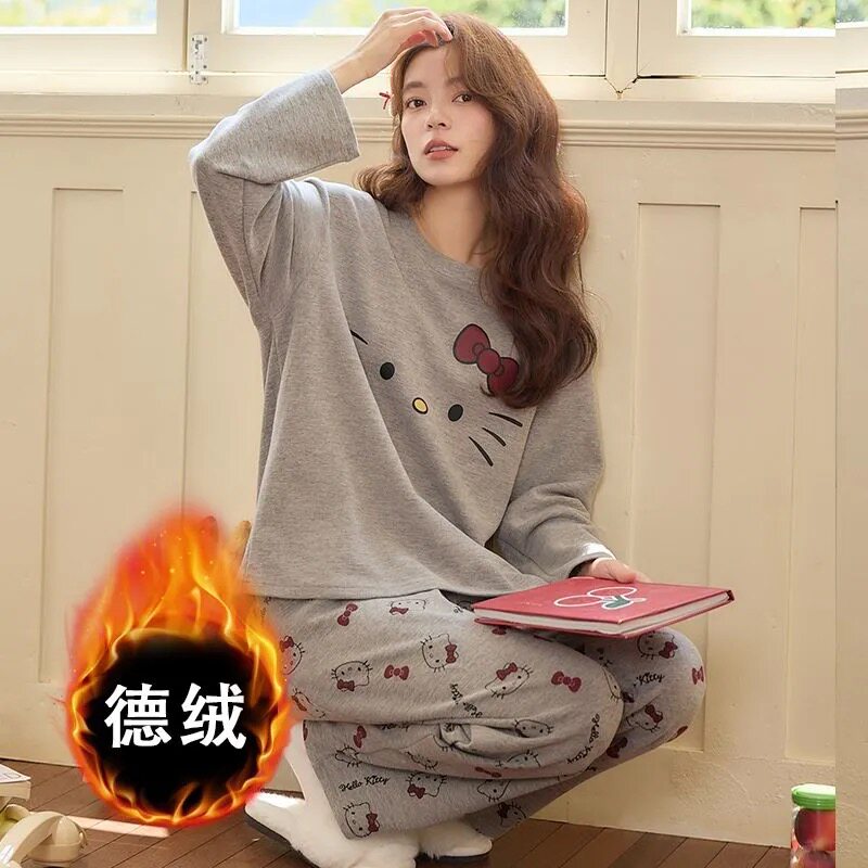 保暖德绒睡衣女秋冬季网红加厚长袖长裤宽松可爱爆款可外穿家居服