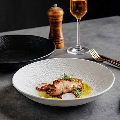 日式轻奢石纹陶瓷深盘高级感家用酒店商用西餐盘汤盘菜盘意面盘子