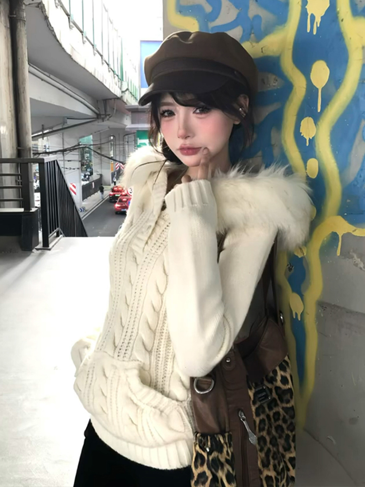 White Cable Knit Hooded Sweater for Women, Autumn and Winter, with Fur Collar, Vintage Slim Fit Inner Top