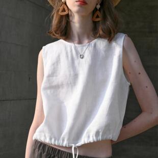 老钱风纯亚麻背心女26夏季高端透气短款袖休闲宽松露脐棉麻上衣