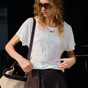 分割剪裁麻料上衣设计感薄款 女夏季 透气恤 圆领短袖 纯亚麻针织衫