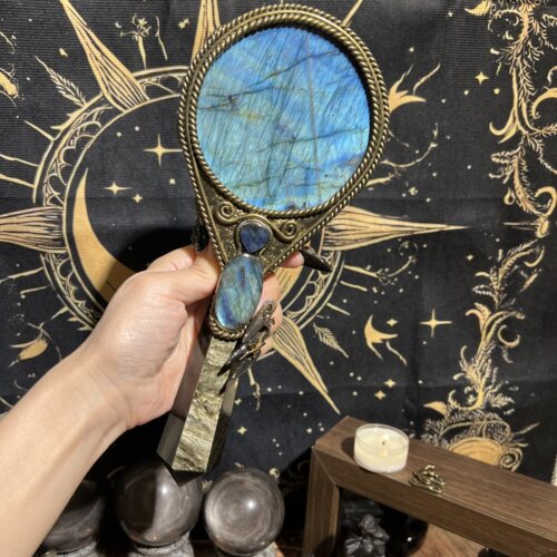 手工天然拉长石水晶权杖/魔法黑曜石女巫杖/巫师祭坛工具