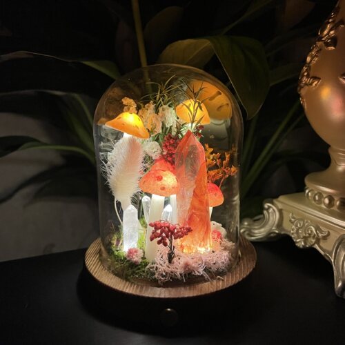 天然红胶花水晶蘑菇氛围小夜灯