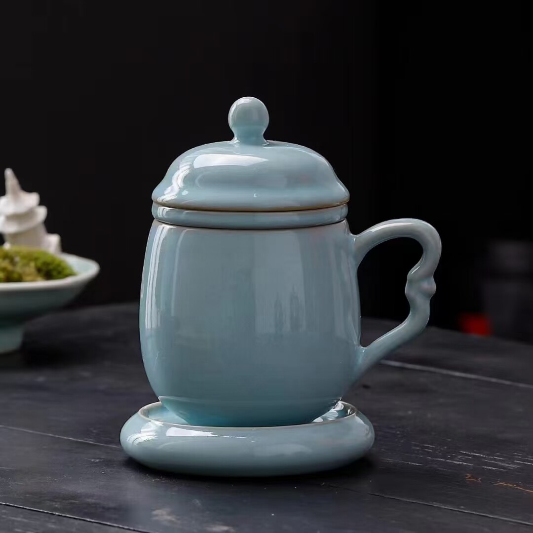 汝窑汝瓷玛瑙釉半月杯茶杯喝水杯子个人专用高档办公杯陶瓷杯礼盒