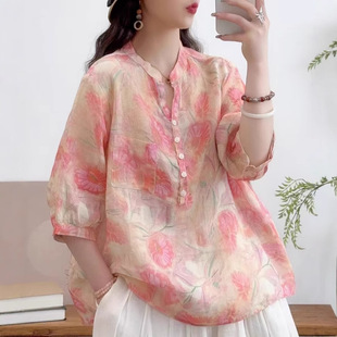 上衣 宽松百搭实拍衬衫 新品 文艺宽松休闲V领苎麻印花中袖