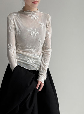 鹿西 温柔风立领刺绣网纱打底衫女2026早春新款韩系内搭上衣3769