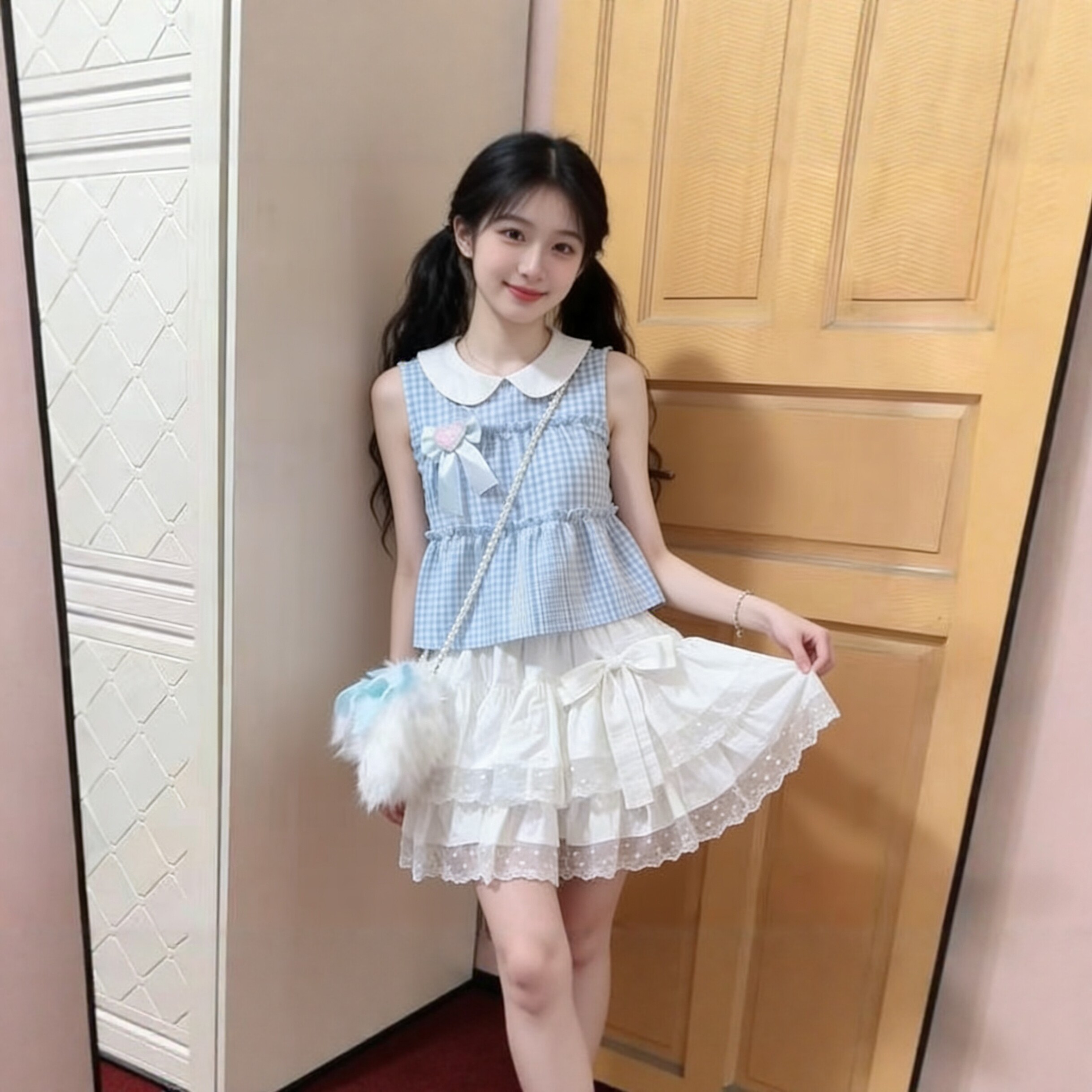 夏季新款两件套装日系小个子甜美学院风格子拼接上衣蛋糕半身裙女