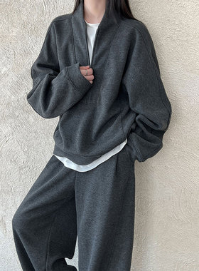 鹿西 秋冬新款老钱风松弛感磨毛卫衣+弯刀裤两件套女休闲套装2107