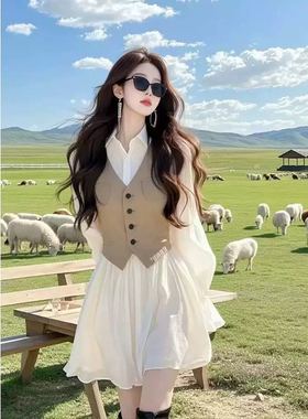 2026春季气质衬衫绝美法式新款拼接假两件掐腰显瘦连衣裙裙子