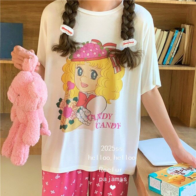 Reefur Rinka梨花家夏季莫代尔圆领卡通花子印花宽松短袖长裤家居