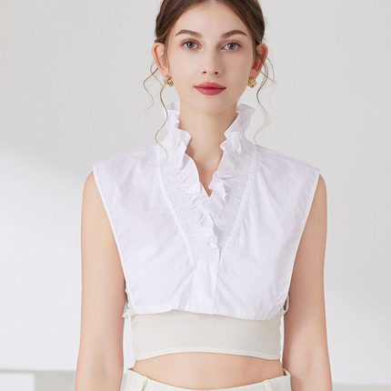 韩新款白色棉质荷叶边v领假领子女百搭气质减龄衬衫假衣领装饰领