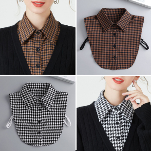 秋冬新款千鸟格衬衣假领子女百搭假衬衫打底复古格子衫假衣领尖领