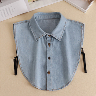 港风女装水洗牛仔布假领子尖领复古浅蓝色棉质牛仔假衣领衬衫领子
