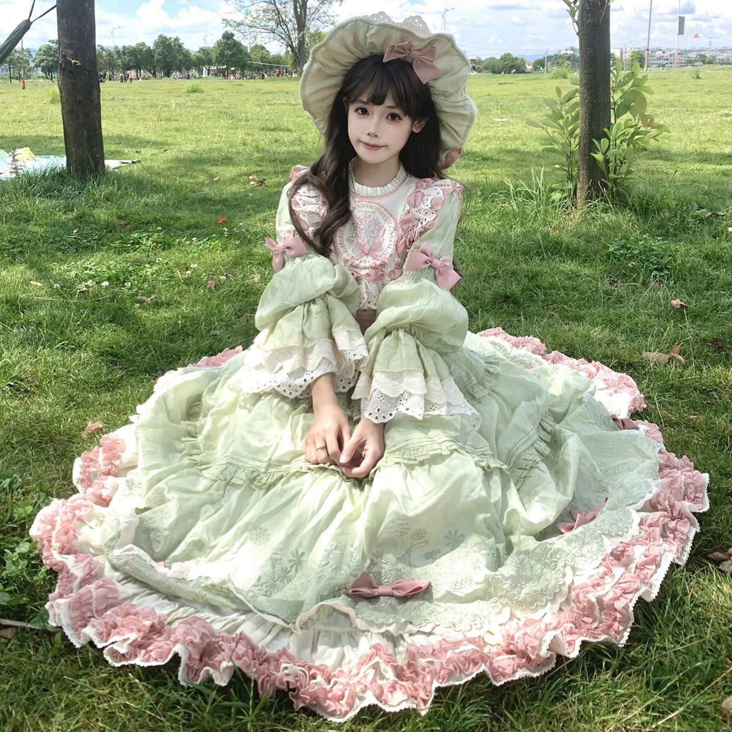 四时花田园风绿色Lolita连衣裙图片