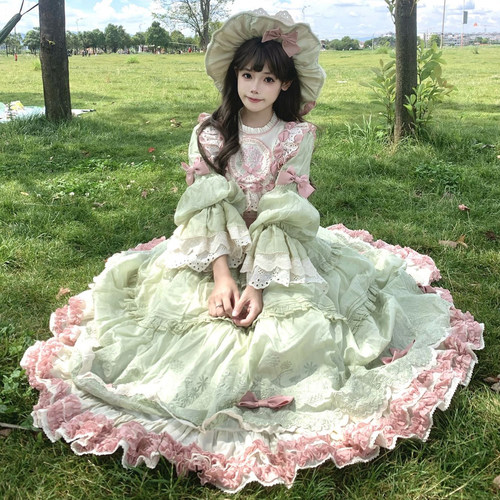 四时花田园风绿色Lolita连衣裙