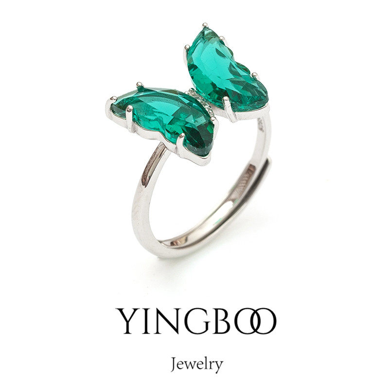 YINGBOO S925银湖水绿色纯银蝴蝶锆钻晶石戒指指环超仙套装优雅女