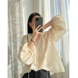 仙气微透亚麻领飘带包扣装饰花苞袖衬衫女夏季新款百搭上衣