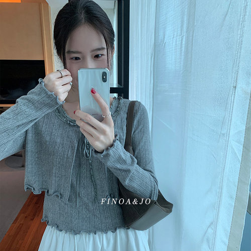 费挪 OLIVE十三行早秋法式花边系带短款开衫+同色背心套装2721