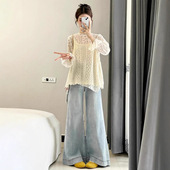 超火穿搭一整套韩系碎花打底衫 三件套 u领背心马甲高腰阔腿裤