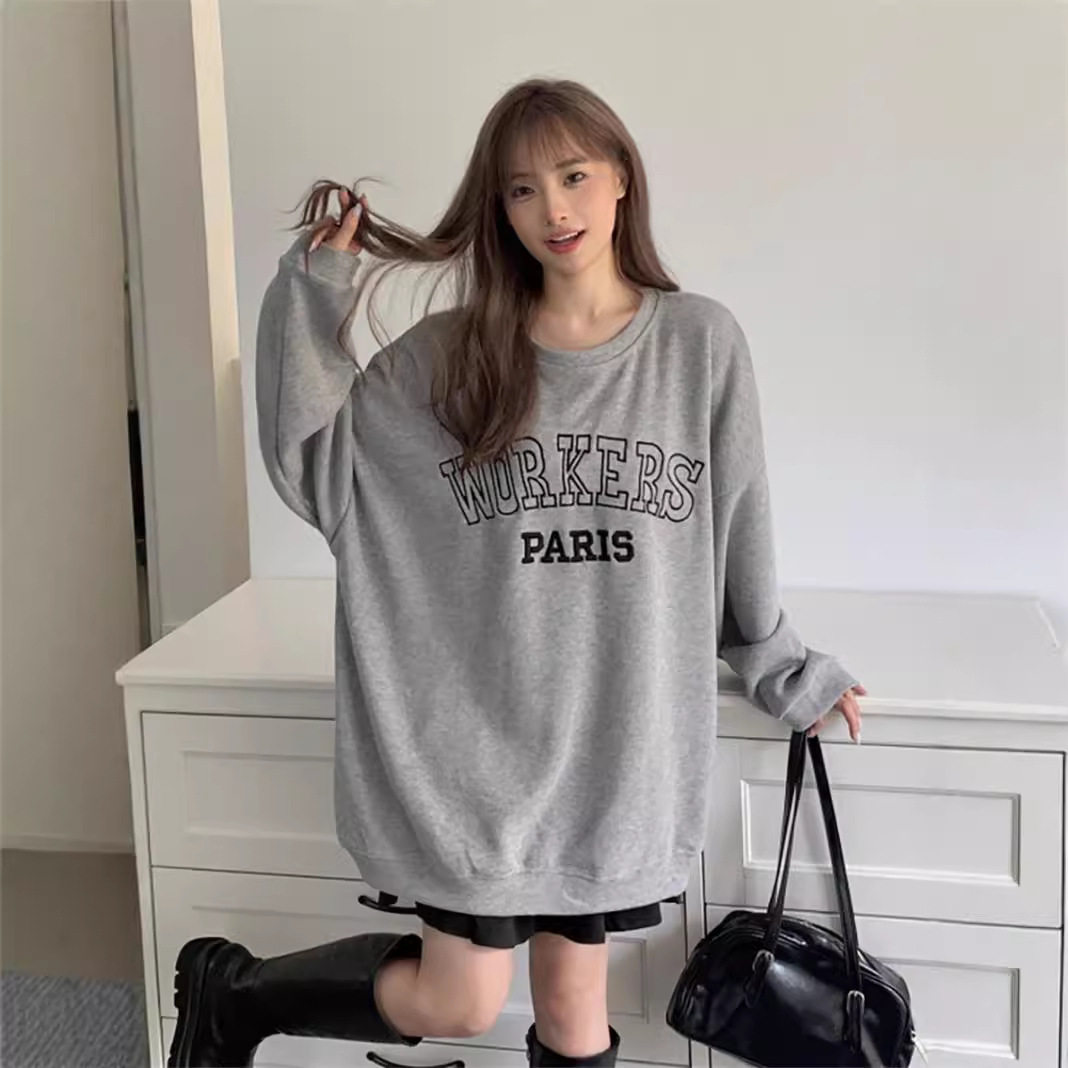 早秋chic圆领卫衣女韩版新款慵懒风oversize中长款长袖上衣ins潮