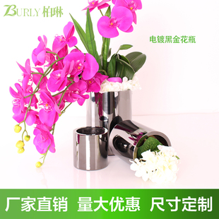 简约时尚不锈钢桌面圆柱花瓶办公室台面艺术插花摆件客厅花缸黑金