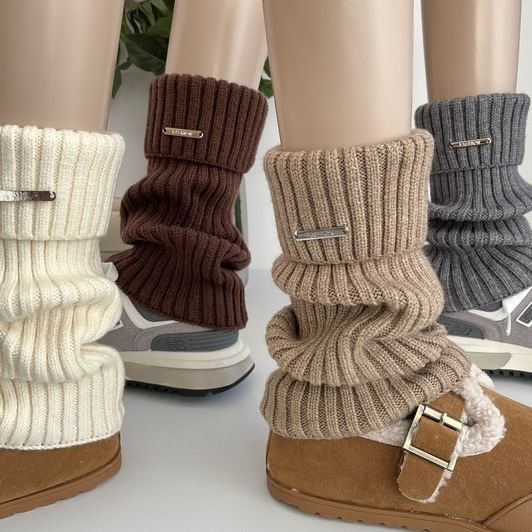 金属标美式复古咖啡棕色套女秋冬季时髦百搭羊绒针织堆堆袜小腿套