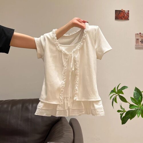 法式温柔风木耳边花边假两件T恤女2026夏时尚气质蝴蝶结绑带上衣