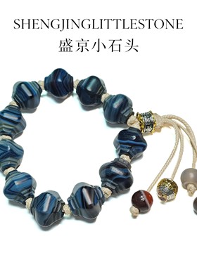 【盛京小石头】蓝沁缠丝玛瑙 藏式手工编绳 可调节复古灯笼珠手链