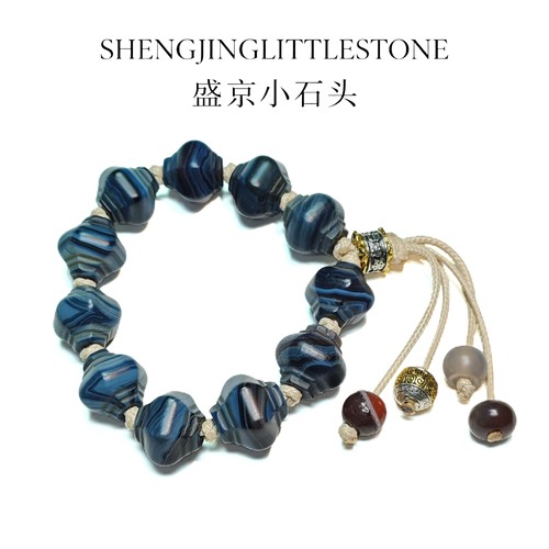 【盛京小石头】蓝沁缠丝玛瑙 藏式手工编绳 可调节复古灯笼珠手链
