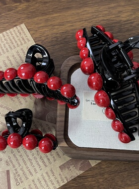 新款红色珠珠抓夹后脑勺盘发鲨鱼夹发量多少发夹高级感发饰大小号