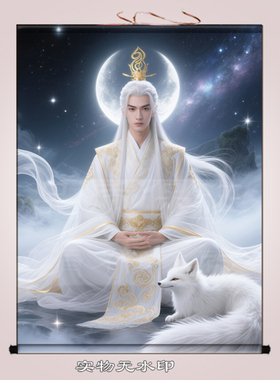 胡家仙教主真身九尾狐挂画招财白狐狸装饰画胡九霄画像男狐卷轴画