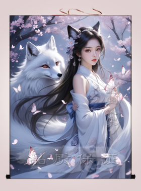 胡家仙九尾狐挂画女狐娘娘堂口画像装饰画东北出马堂白狐狸卷轴画