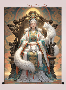 胡家仙九尾狐娘娘挂画家用客厅卷轴画出马堂口供奉九姑娘像装饰画