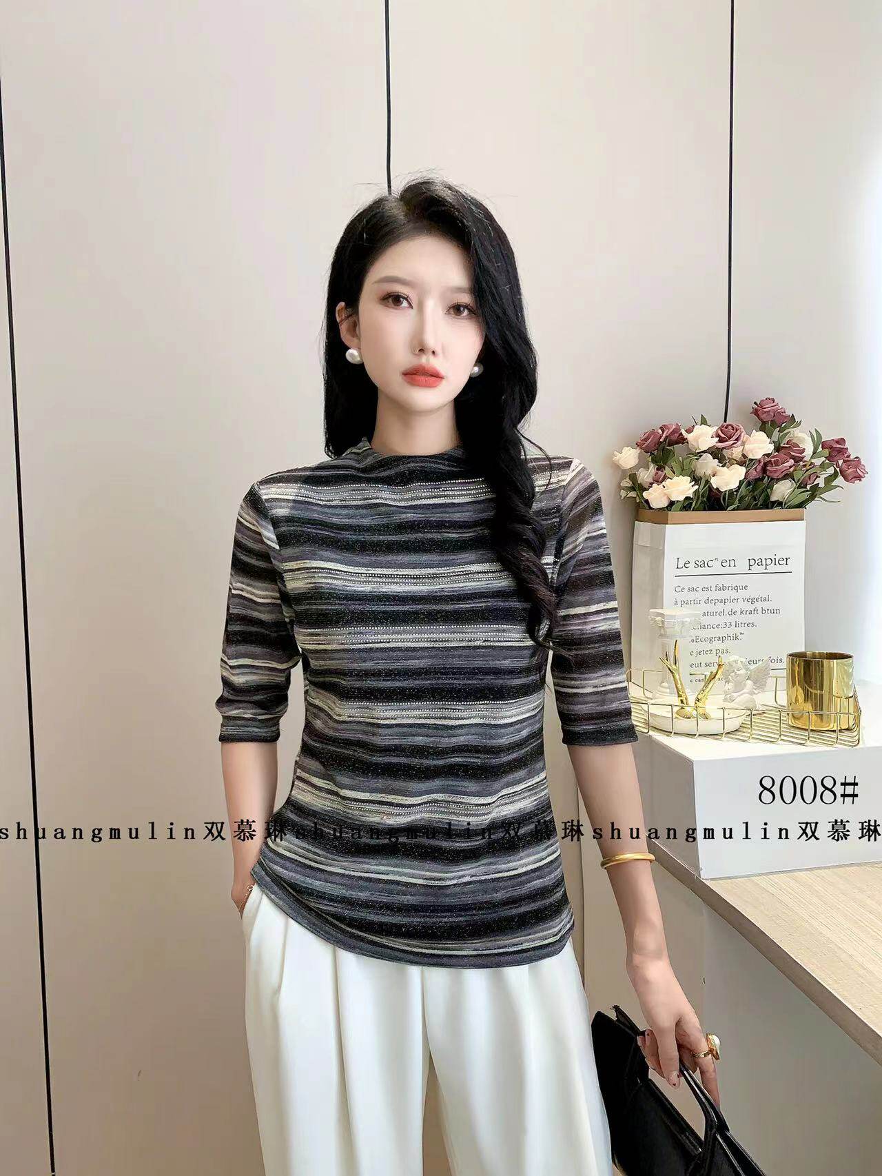 SML 8008秋冬季新款时尚百搭烫钻双层弹力网纱半高 领女衫