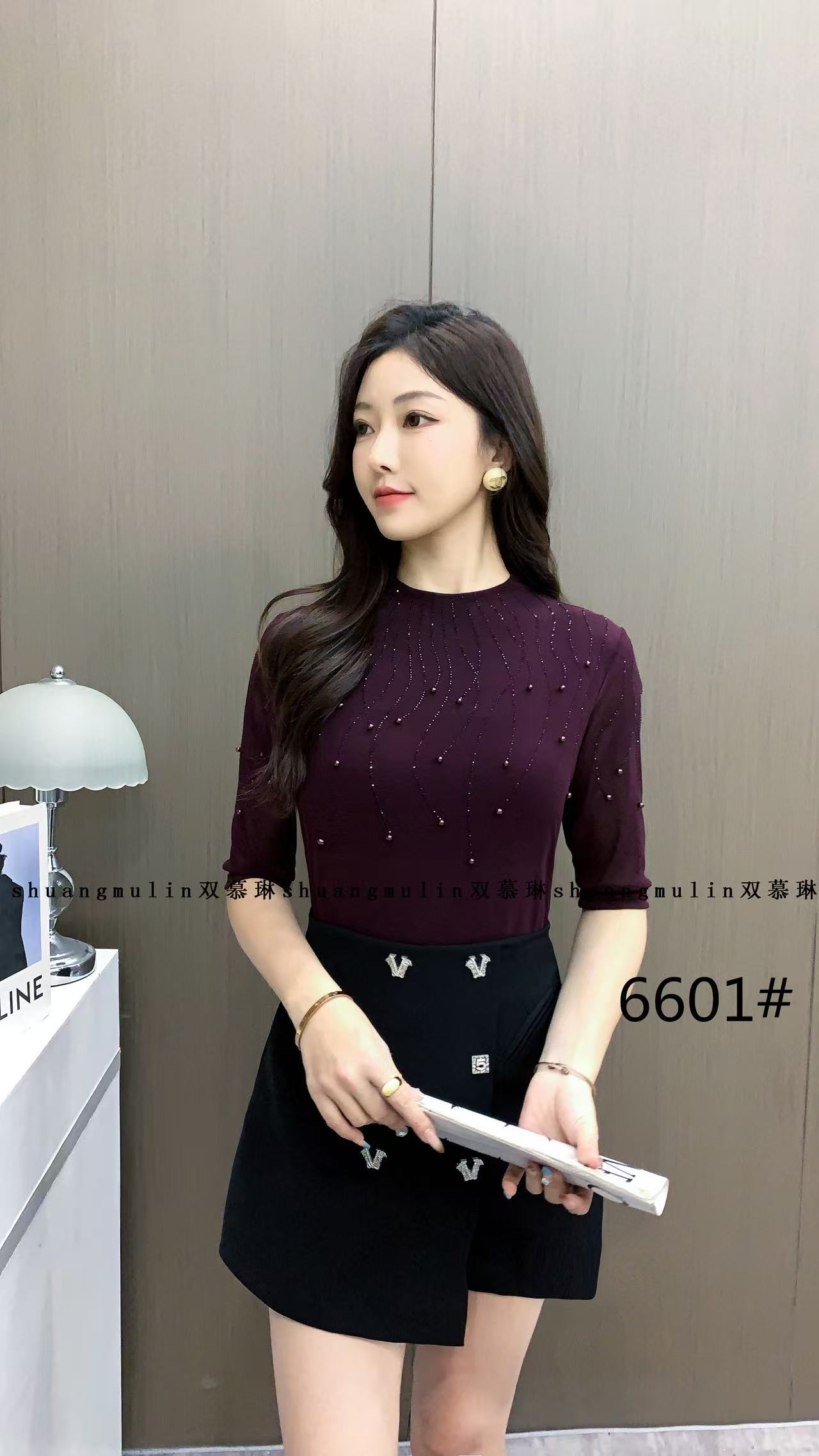 SML 6601 春夏季新款百搭烫钻双层弹力网纱长袖中袖立领女打底衫