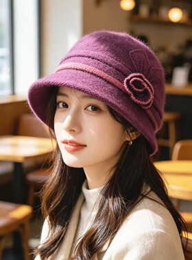 时尚兔毛绒鸭舌保暖帽子女冬天妈妈防寒毛线渔夫帽中老年奶奶盆帽
