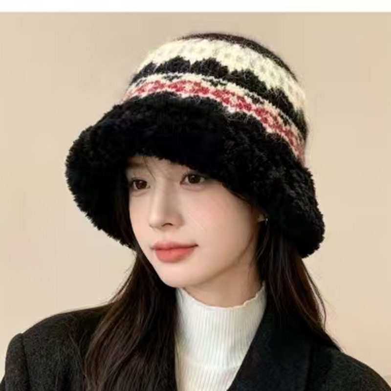 费尔岛提花针织帽子女秋冬加厚毛绒帽檐渔夫帽保暖护耳显脸小盆帽