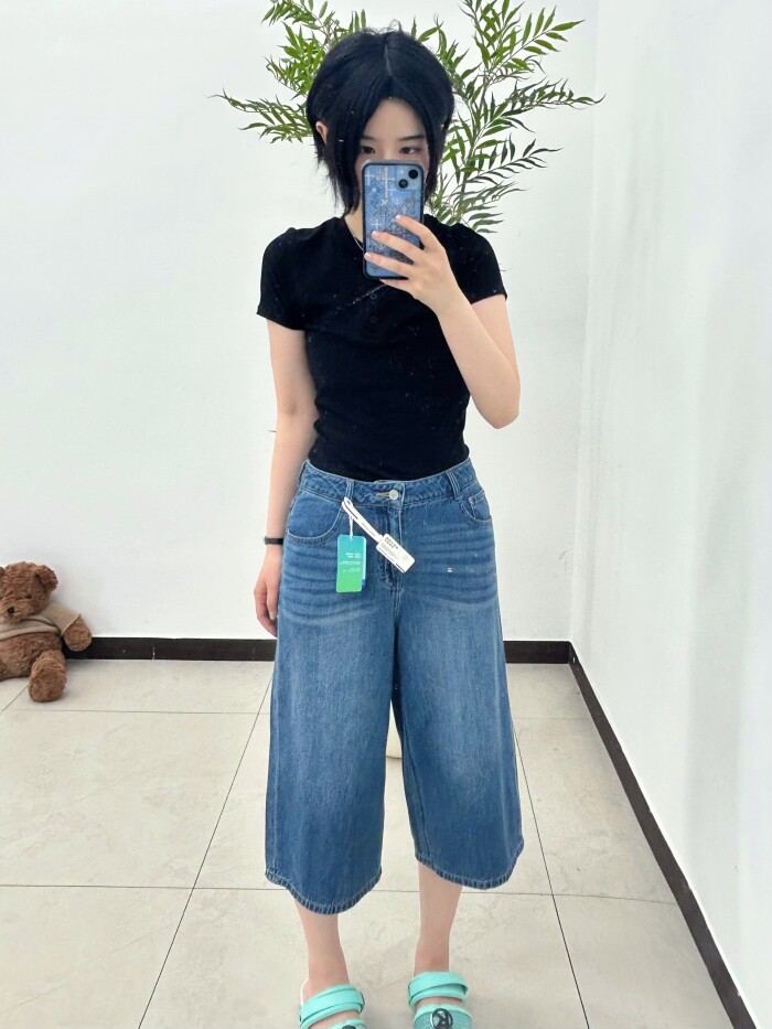 夏季新款女士高腰宽松直筒牛仔七分裤时尚棉质牛仔短裤裤子女裤