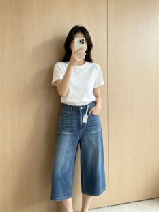 夏季新款女士高腰宽松直筒牛仔七分裤时尚棉质牛仔短裤裤子女裤