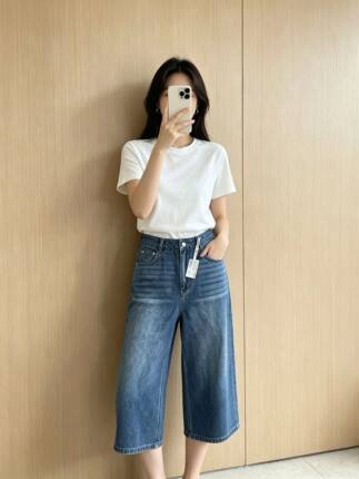 夏季新款女士高腰宽松直筒牛仔七分裤时尚棉质牛仔短裤裤子女裤