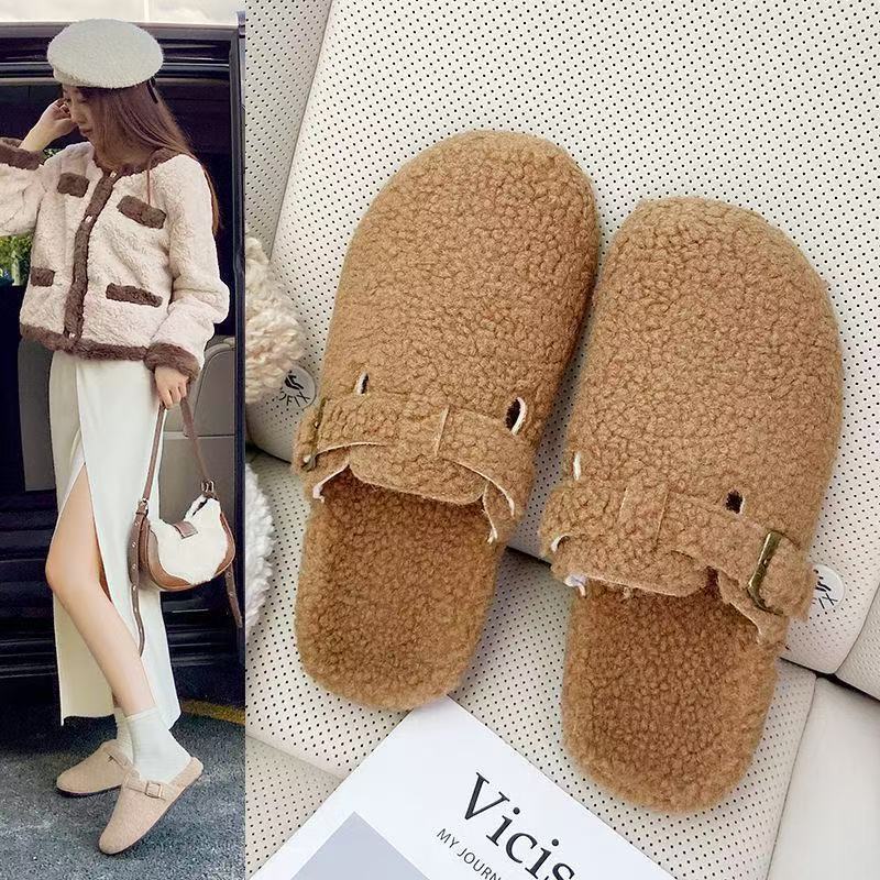 勃肯鞋女2025新款秋冬季外穿厚底一脚蹬棉鞋加绒保暖家居包头棉拖