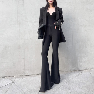 杨杨 女春秋气质高腰垂感修身 显瘦鱼尾长裤 黑色弹力喇叭休闲裤