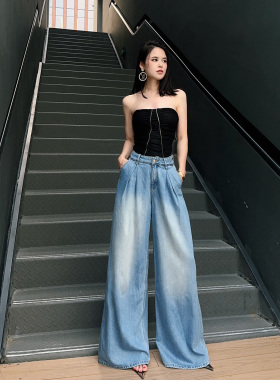 杨杨 蓝色宽松阔腿牛仔裤女高个子立体褶显瘦莱赛尔天丝垂感长裤